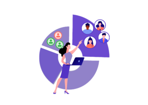 animated image of a woman pointing to a cluster of four product management  team members