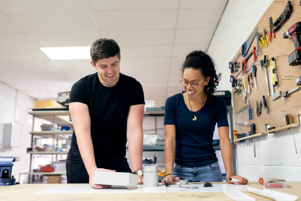 man and lady discussing product Design