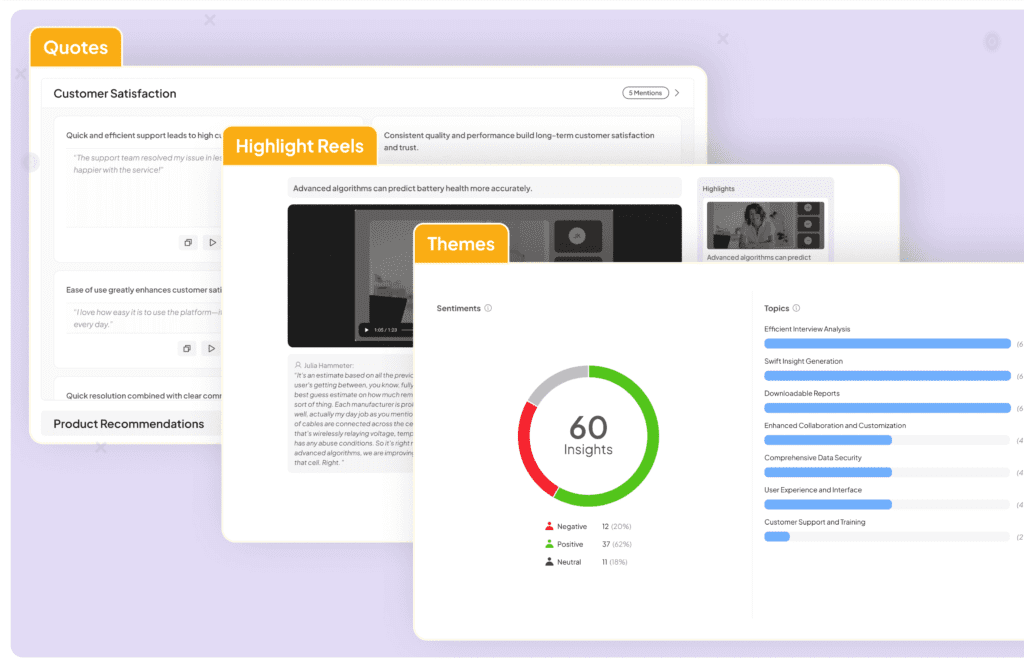 Image depicting Insight7's Thematic Analysis, Quote Extraction, and Highlight Reel Features