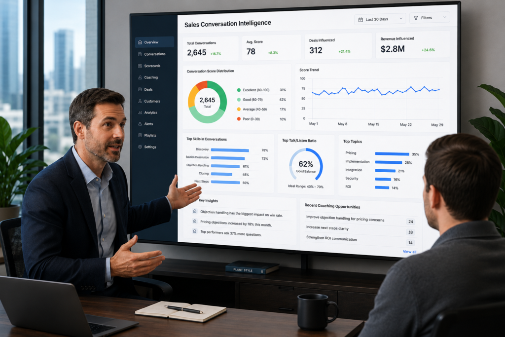 men looking at sales conversation intelligence charts